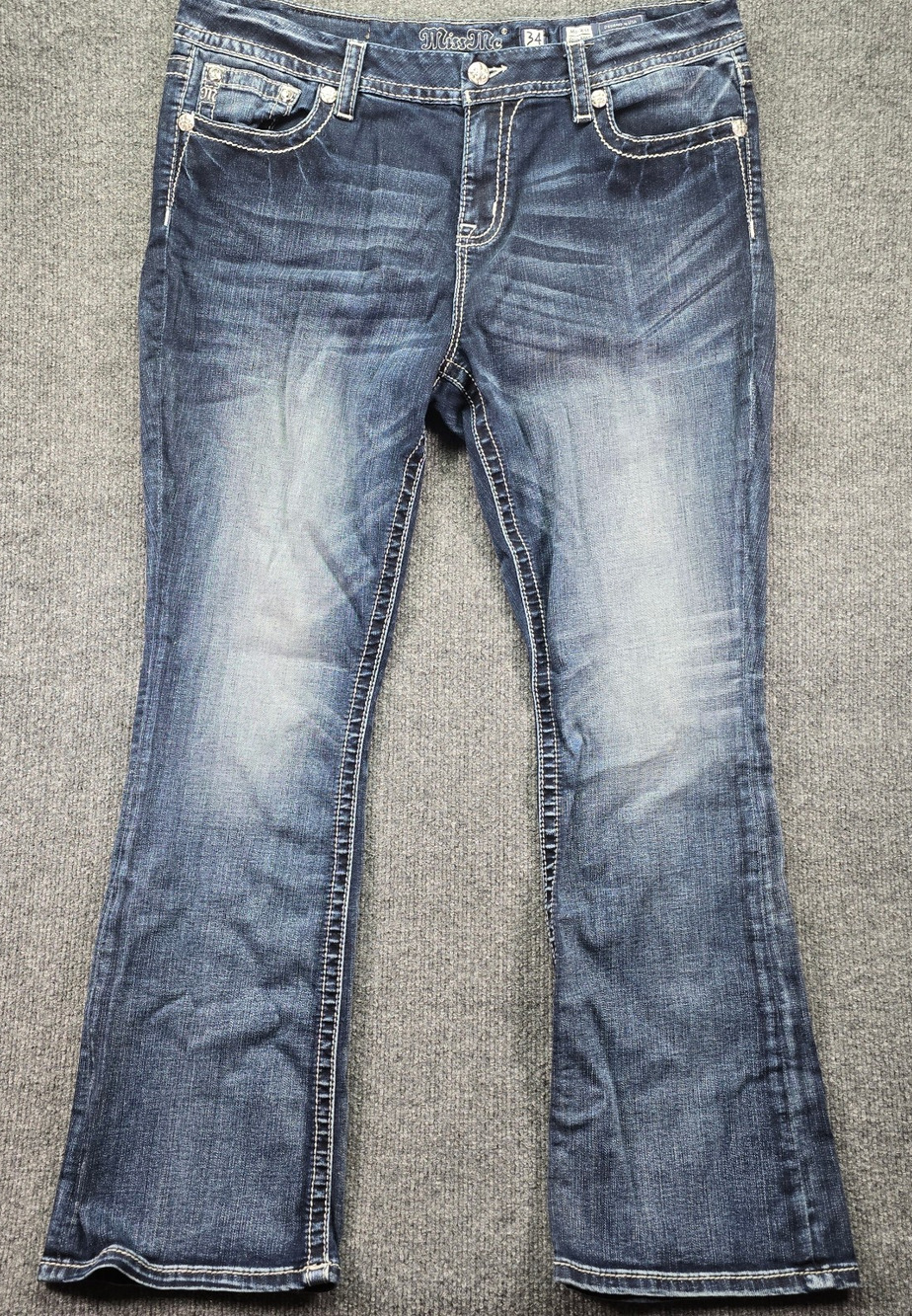 Miss Me Mid-Rise Bootcut Jeans Womens 34 (36x31) Blue Whisker Faded Embellished